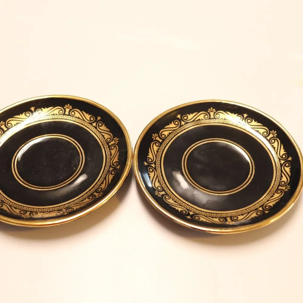 2 Demitasse/Expreso Cups and Sauciers Black and 24‎ Caret Gold Hand Painted